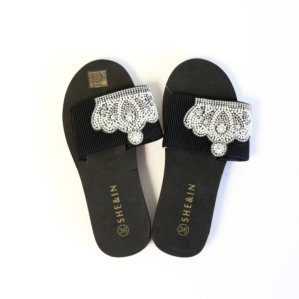 New black embellished crystal sandals open toe slides crown resort EUR 36 US 6